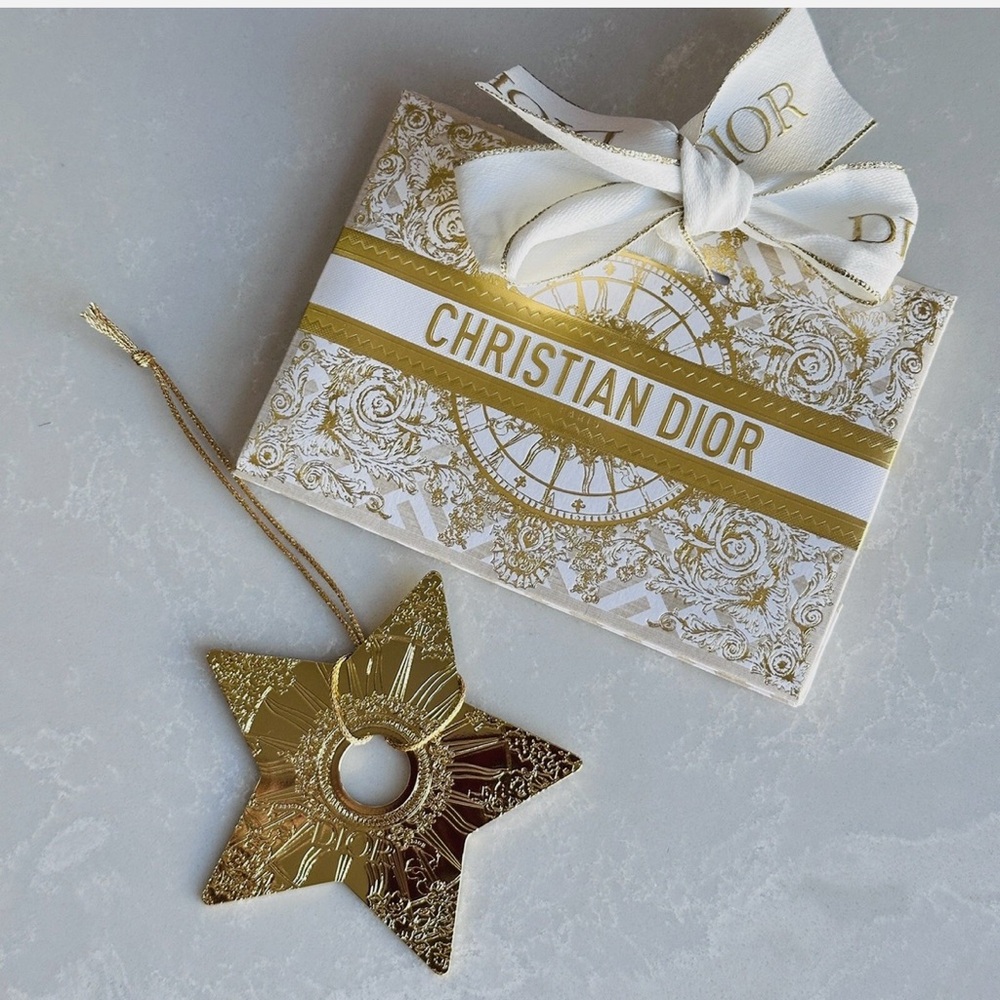 Authentic Dior Engraved Metal Gold Star Key Charm Christmas Ornament w/ Gift Bag